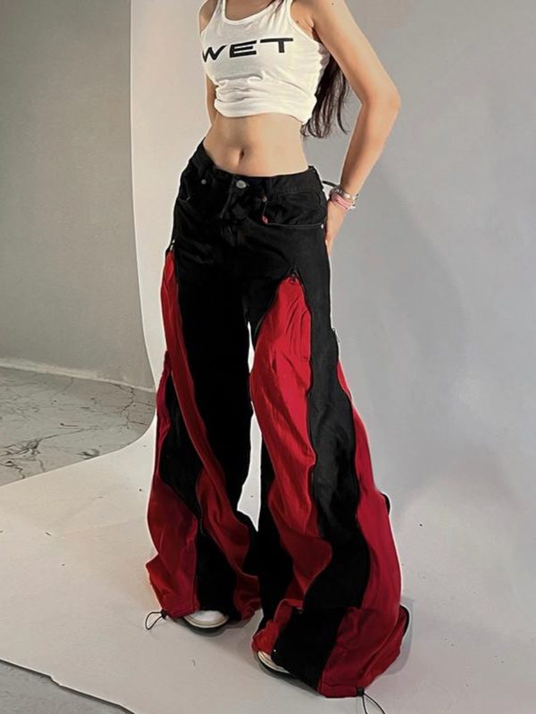 Black and Red Color Block Casual Pants for Women - Low Waist Loose Fit Hip Hop Dance Trousers - Versatile Streetwear Style