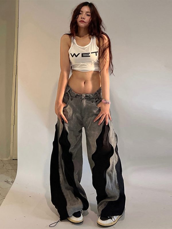 Black and Red Color Block Casual Pants for Women - Low Waist Loose Fit Hip Hop Dance Trousers - Versatile Streetwear Style