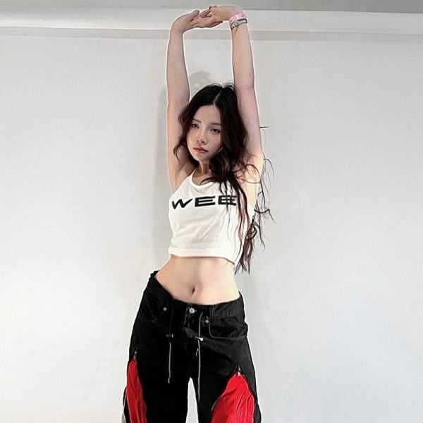 Black and Red Color Block Casual Pants for Women - Low Waist Loose Fit Hip Hop Dance Trousers - Versatile Streetwear Style