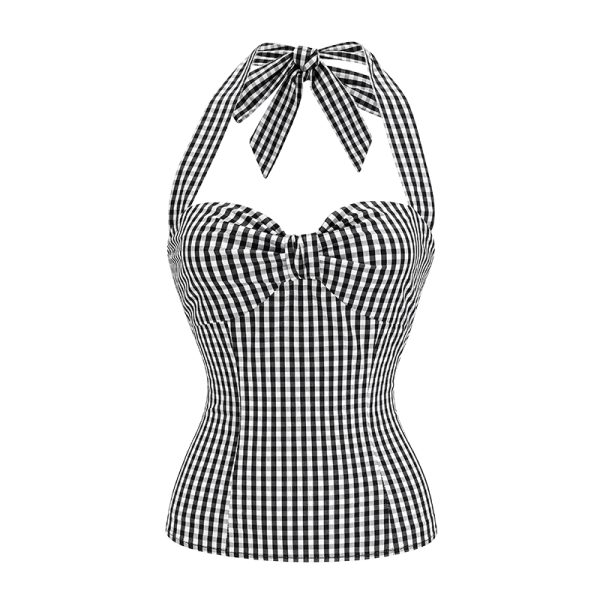 Black and White Checkered Slim Fit Halter Neck Tank Top - Women's Backless Cropped Top in European American Style, Y2K Fashion