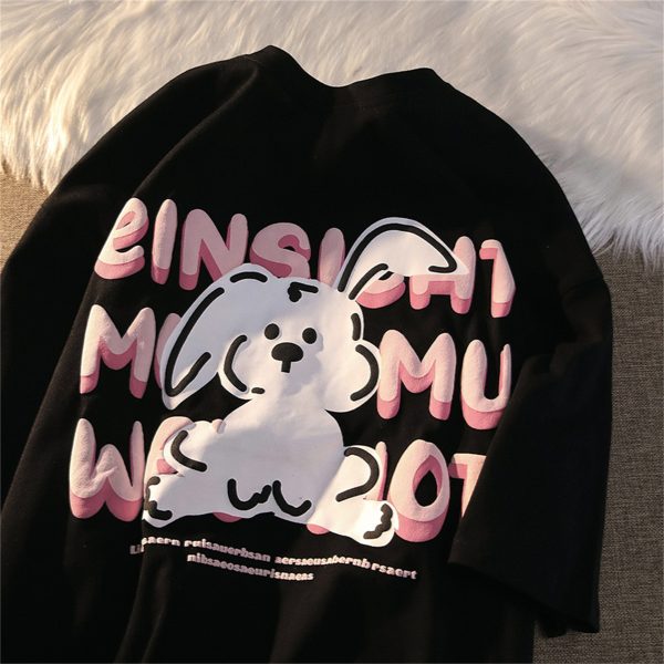 Black and White Color-Blocked Short Sleeve T-Shirt for Men and Women, Plus Size, Loose-Fitting, Pure Cotton, Rabbit Print, Couple Style