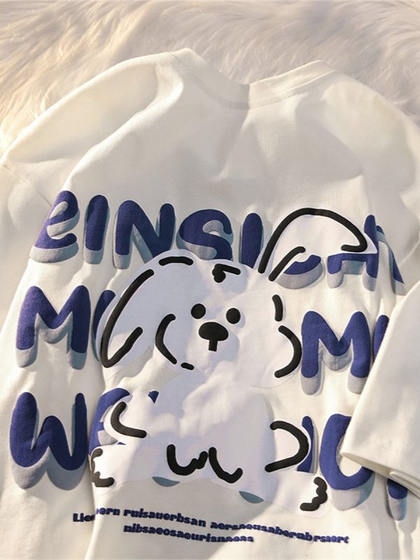 Black and White Color-Blocked Short Sleeve T-Shirt for Men and Women, Plus Size, Loose-Fitting, Pure Cotton, Rabbit Print, Couple Style