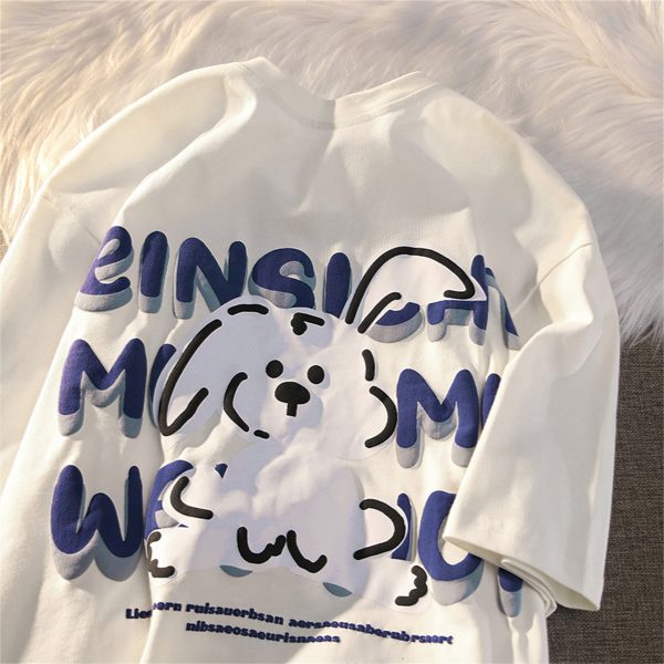 Black and White Color-Blocked Short Sleeve T-Shirt for Men and Women, Plus Size, Loose-Fitting, Pure Cotton, Rabbit Print, Couple Style