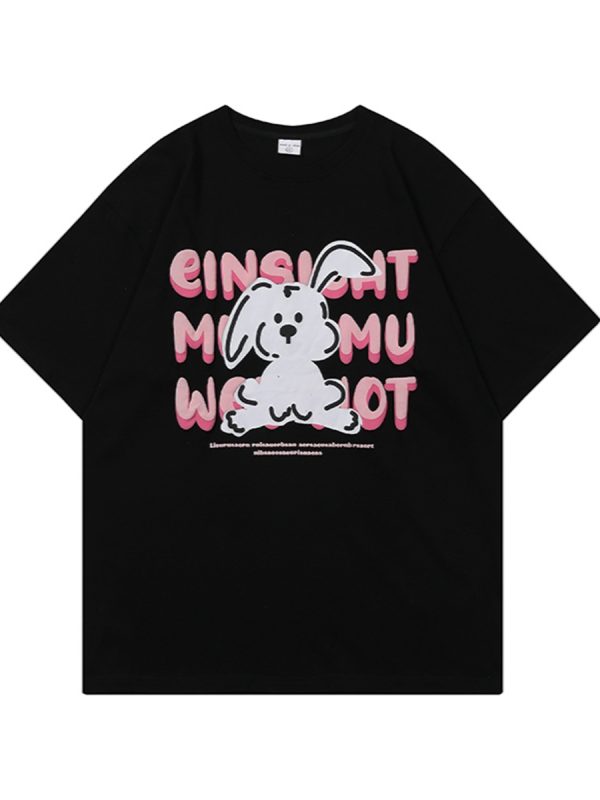 Black and White Color-Blocked Short Sleeve T-Shirt for Men and Women, Plus Size, Loose-Fitting, Pure Cotton, Rabbit Print, Couple Style