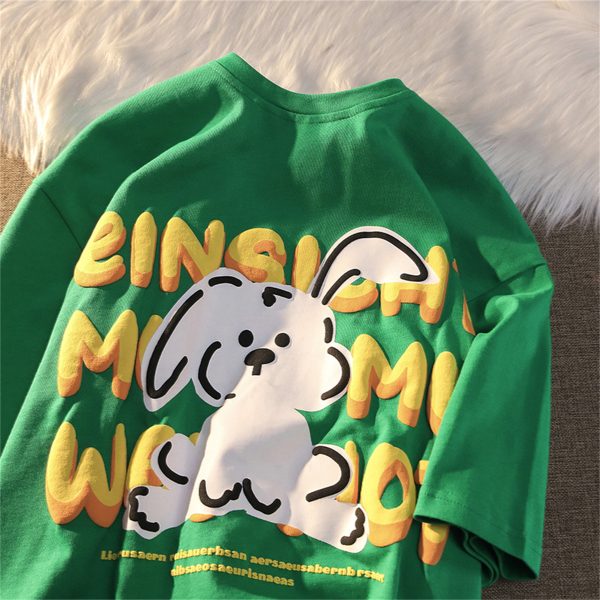 Black and White Color-Blocked Short Sleeve T-Shirt for Men and Women, Plus Size, Loose-Fitting, Pure Cotton, Rabbit Print, Couple Style