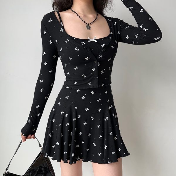 Black Bow Tie Camisole Dress Cardigan Two-Piece Set - Women's A-Line Short Skirt, European American Style, Chic Casual Fashion