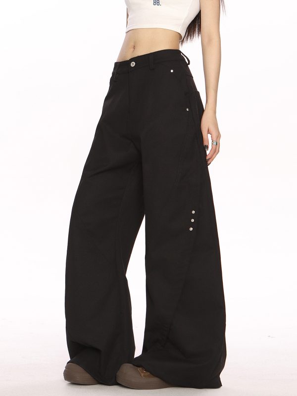 Black Deconstructed Curved Blade Wide-Leg Pants - Trendy High-End Casual Trousers for Women, Floor-Length Niche Design Fashion