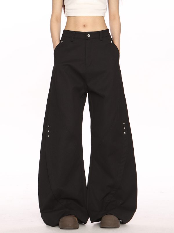 Black Deconstructed Curved Blade Wide-Leg Pants - Trendy High-End Casual Trousers for Women, Floor-Length Niche Design Fashion