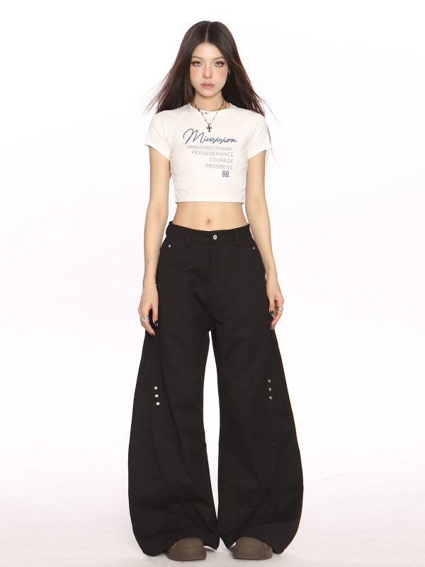 Black Deconstructed Curved Blade Wide-Leg Pants - Trendy High-End Casual Trousers for Women, Floor-Length Niche Design Fashion