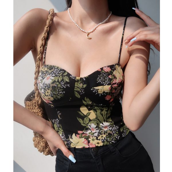Black Floral V-Neck Camisole for Women - Slim Fit, Pleated Back, Flattering Design, Fresh Girl Style, Perfect for Y2K and European Fashion