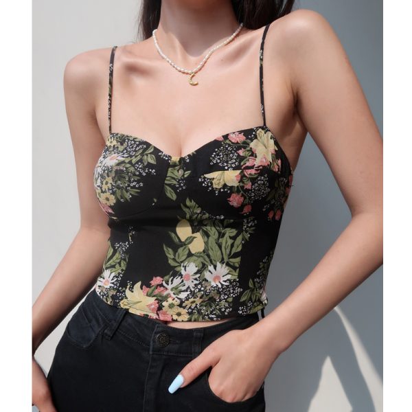 Black Floral V-Neck Camisole for Women - Slim Fit, Pleated Back, Flattering Design, Fresh Girl Style, Perfect for Y2K and European Fashion