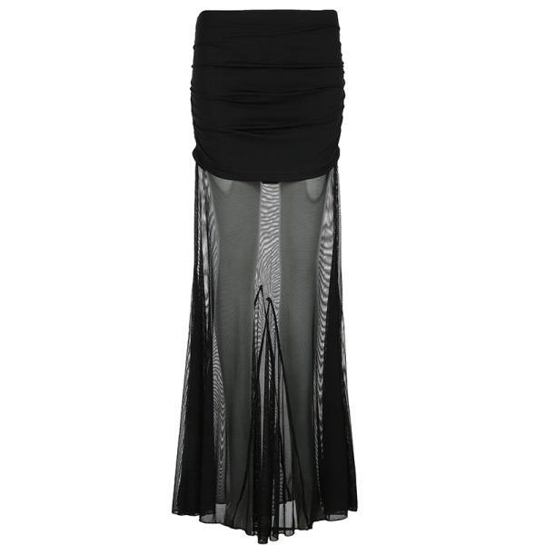 Black Mesh Splicing Low Waist Bodycon Long Skirt - Versatile Sexy Hip-Wrapping Pleated Design for Y2K and Hot Girl Style