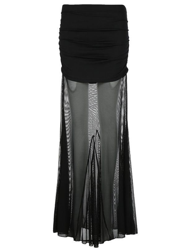 Black Mesh Splicing Low Waist Bodycon Long Skirt - Versatile Sexy Hip-Wrapping Pleated Design for Y2K and Hot Girl Style
