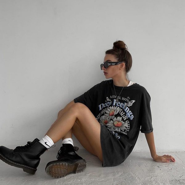Black Oversized Short Sleeve T-Shirt for Women - American Retro Summer Trendy Top for Spicy Girls