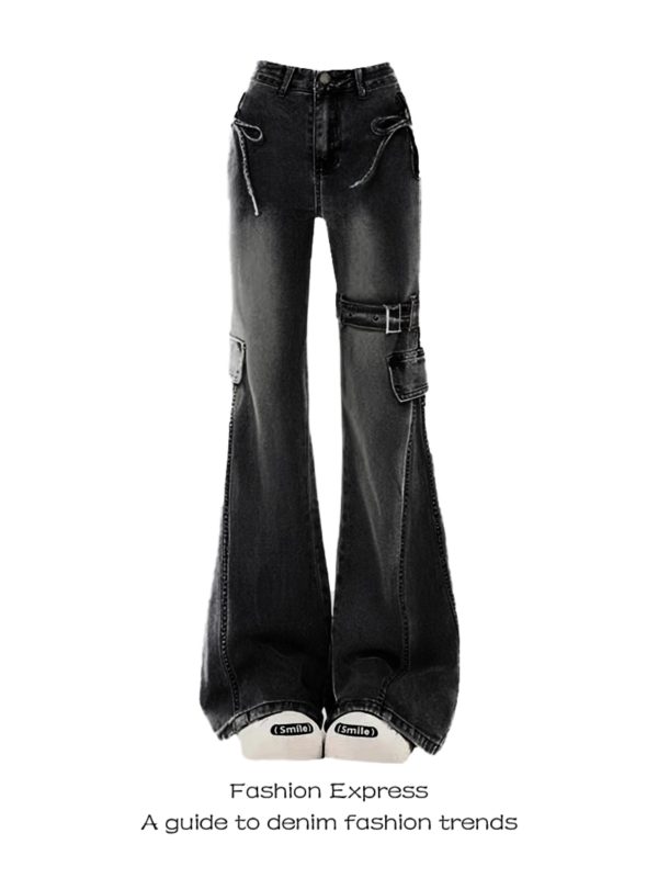 Black Skinny Jeans with Bow Detail for Women - Retro Flared Pants, Slim Fit, Height-Enhancing, 2025 Spring & Autumn Fashion