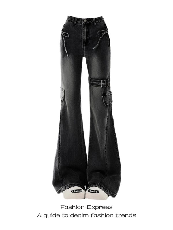 Black Skinny Jeans with Bow Detail for Women - Retro Flared Pants, Slim Fit, Height-Enhancing, 2025 Spring & Autumn Fashion