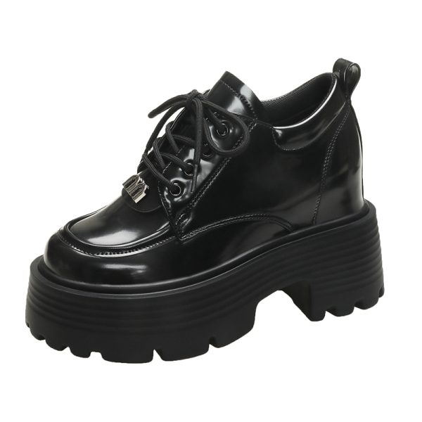 Black Thick-Soled Platform Loafers for Women - 2024 Vintage British College Style Low-Height Height-Increasing Flats