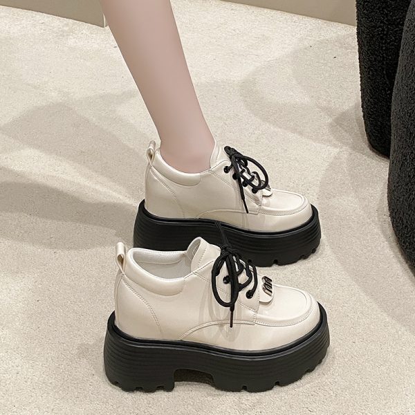 Black Thick-Soled Platform Loafers for Women - 2024 Vintage British College Style Low-Height Height-Increasing Flats