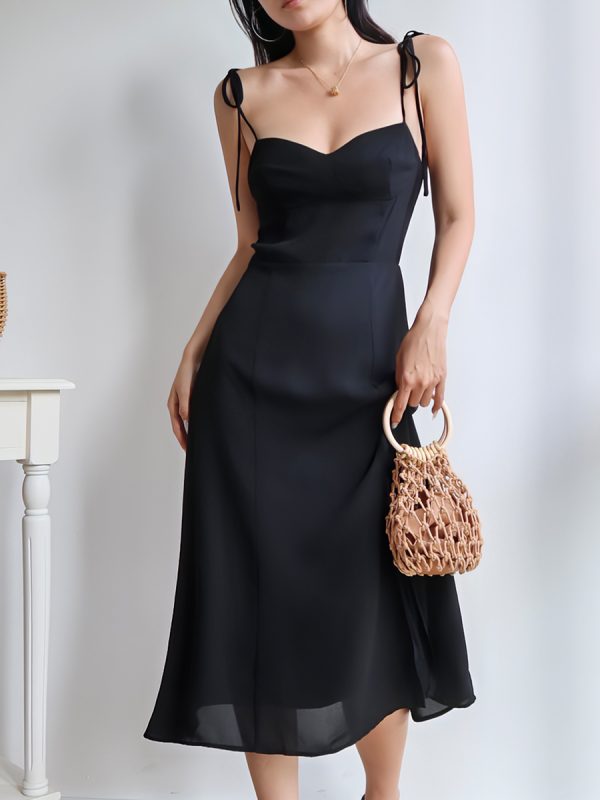 Black Vintage Tie-Up Holiday Dress for Women - Side Split V-Neck Strap Long Dress in 90s Style