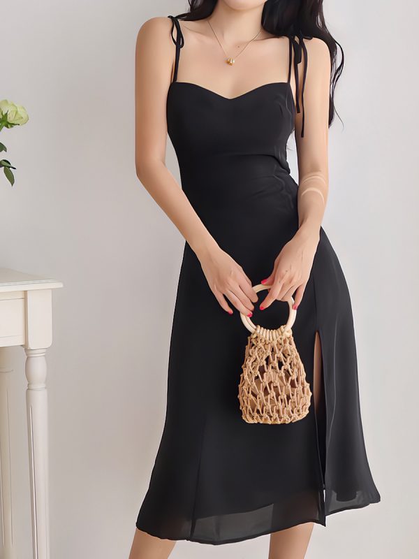 Black Vintage Tie-Up Holiday Dress for Women - Side Split V-Neck Strap Long Dress in 90s Style
