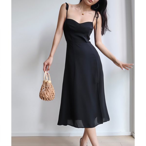 Black Vintage Tie-Up Holiday Dress for Women - Side Split V-Neck Strap Long Dress in 90s Style