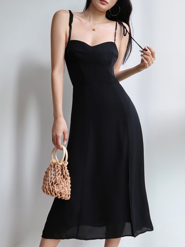 Black Vintage Tie-Up Holiday Dress for Women - Side Split V-Neck Strap Long Dress in 90s Style