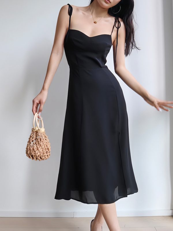 Black Vintage Tie-Up Holiday Dress for Women - Side Split V-Neck Strap Long Dress in 90s Style