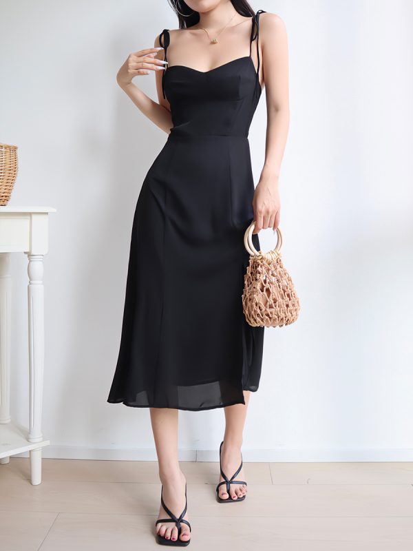 Black Vintage Tie-Up Holiday Dress for Women - Side Split V-Neck Strap Long Dress in 90s Style