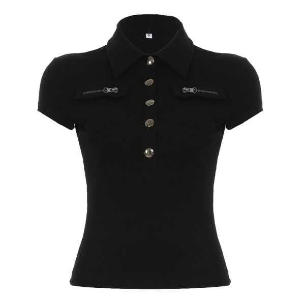 Black Workwear Lapel Zipper Button Short Sleeve T-Shirt - Slim Fit Versatile Top for Street Style and Casual Looks