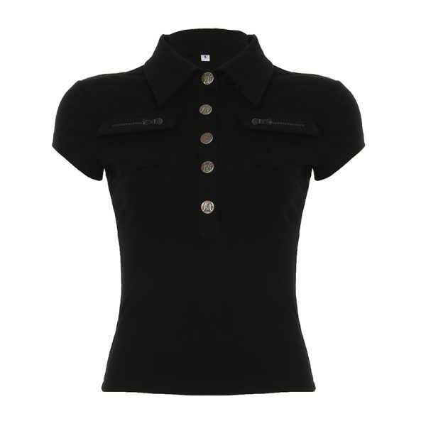 Black Workwear Lapel Zipper Button Short Sleeve T-Shirt - Slim Fit Versatile Top for Street Style and Casual Looks