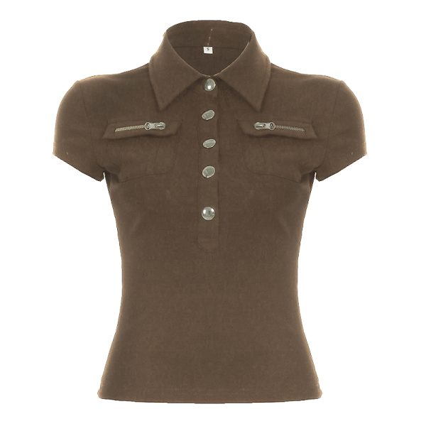 Black Workwear Lapel Zipper Button Short Sleeve T-Shirt - Slim Fit Versatile Top for Street Style and Casual Looks