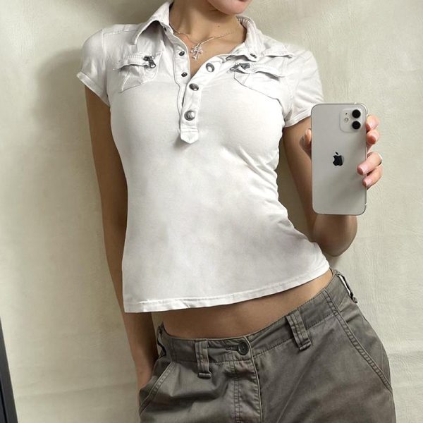 Black Workwear Lapel Zipper Button Short Sleeve T-Shirt - Slim Fit Versatile Top for Street Style and Casual Looks