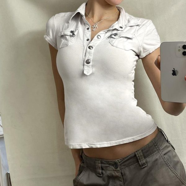 Black Workwear Lapel Zipper Button Short Sleeve T-Shirt - Slim Fit Versatile Top for Street Style and Casual Looks