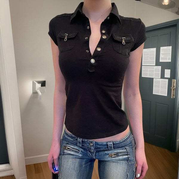 Black Workwear Lapel Zipper Button Short Sleeve T-Shirt - Slim Fit Versatile Top for Street Style and Casual Looks