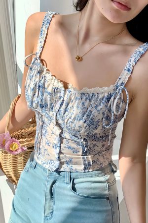 Blue Floral Camisole Top for Summer â€“ Elastic Back Outer Wear, Fresh Girl Style, French-Inspired, Perfect for 90s and Y2K Looks