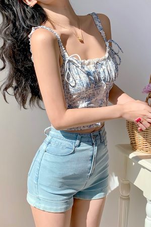 Blue Floral Camisole Top for Summer â€“ Elastic Back Outer Wear, Fresh Girl Style, French-Inspired, Perfect for 90s and Y2K Looks