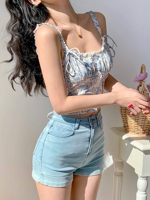 Blue Floral Camisole Top for Summer â€“ Elastic Back Outer Wear, Fresh Girl Style, French-Inspired, Perfect for 90s and Y2K Looks