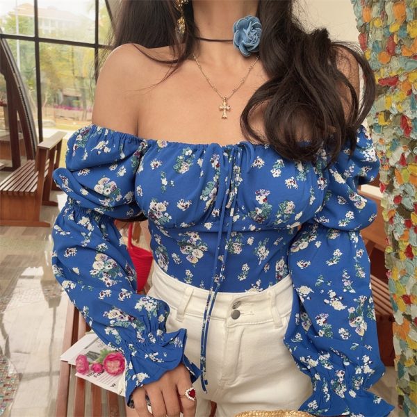 Blue Floral Cropped Blouse Shirt with French Square Neck and Lantern Sleeves for 2025 Spring/Summer Vacation Style