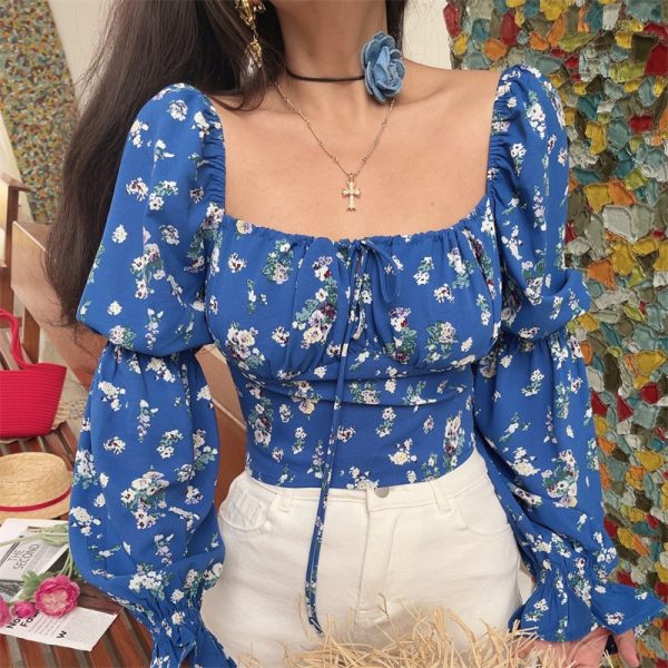 Blue Floral Cropped Blouse Shirt with French Square Neck and Lantern Sleeves for 2025 Spring/Summer Vacation Style