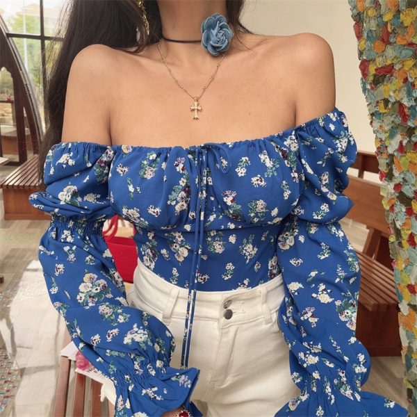 Blue Floral Cropped Blouse Shirt with French Square Neck and Lantern Sleeves for 2025 Spring/Summer Vacation Style