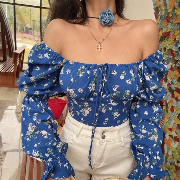 Blue Floral Cropped Blouse Shirt with French Square Neck and Lantern Sleeves for 2025 Spring/Summer Vacation Style