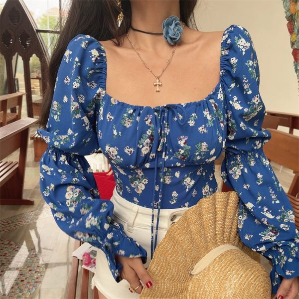 Blue Floral Cropped Blouse Shirt with French Square Neck and Lantern Sleeves for 2025 Spring/Summer Vacation Style