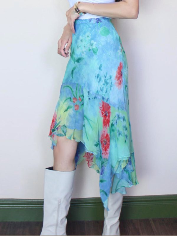 Blue Floral Irregular Print Midi Skirt - Vacation Style Slim Fit Dress for Effortless 90s-Inspired Summer Fashion