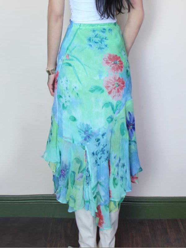 Blue Floral Irregular Print Midi Skirt - Vacation Style Slim Fit Dress for Effortless 90s-Inspired Summer Fashion