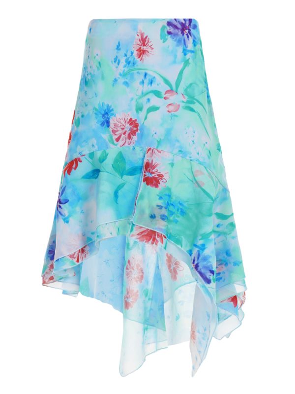 Blue Floral Irregular Print Midi Skirt - Vacation Style Slim Fit Dress for Effortless 90s-Inspired Summer Fashion