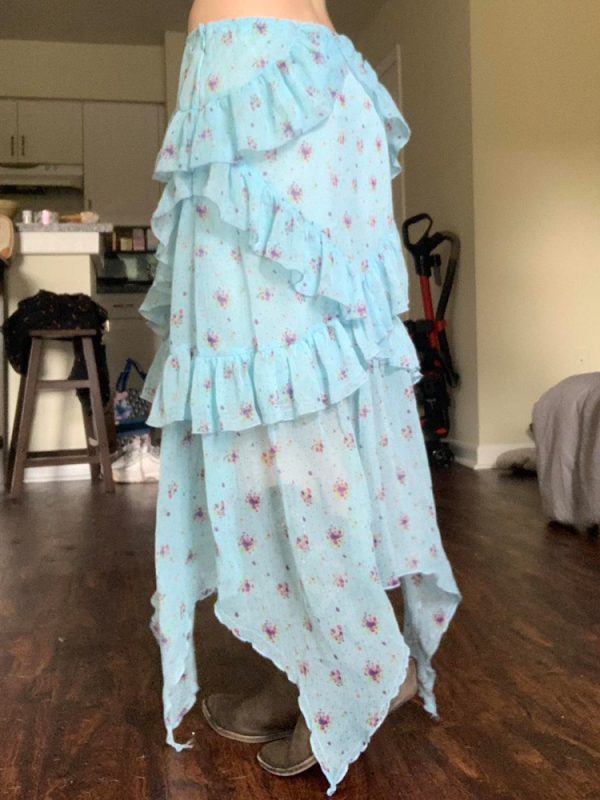 Blue Floral Ruffled Hem Midi Skirt for Women - Irregular Straight Draped Tulle Design, Perfect for Summer and Y2K Style
