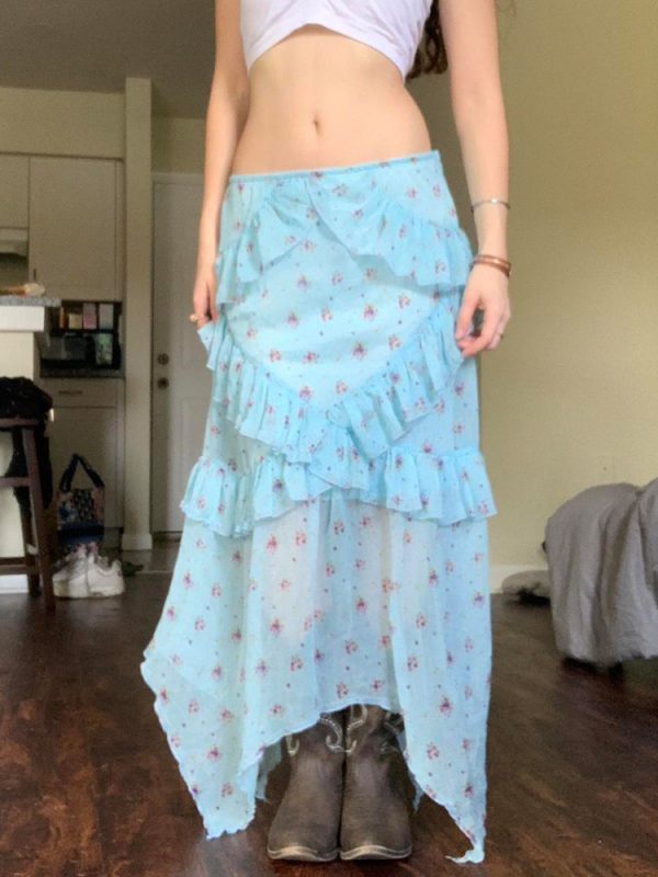 Blue Floral Ruffled Hem Midi Skirt for Women - Irregular Straight Draped Tulle Design, Perfect for Summer and Y2K Style