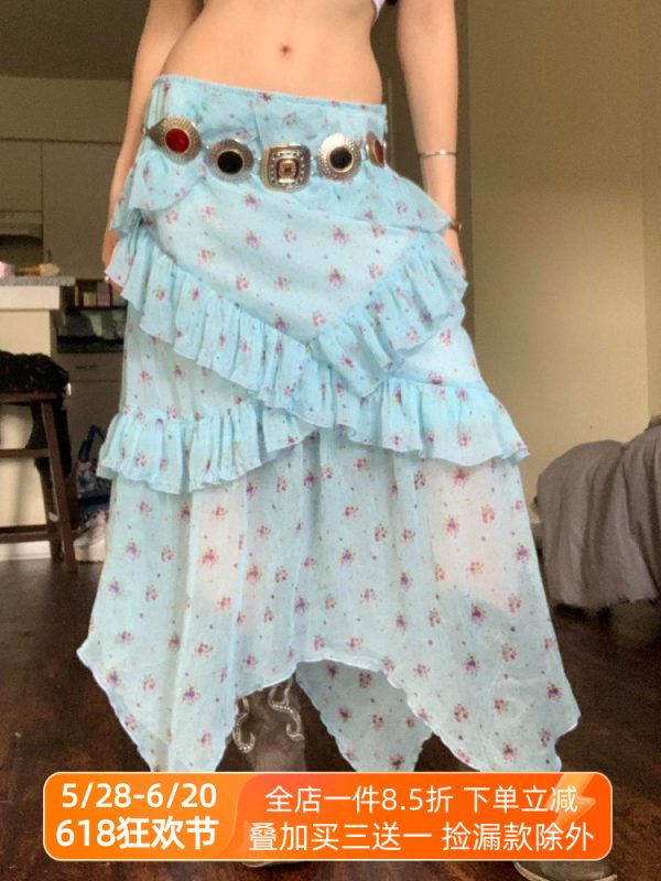 Blue Floral Ruffled Hem Midi Skirt for Women - Irregular Straight Draped Tulle Design, Perfect for Summer and Y2K Style