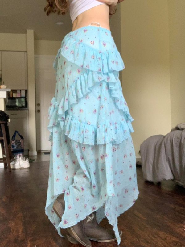 Blue Floral Ruffled Hem Midi Skirt for Women - Irregular Straight Draped Tulle Design, Perfect for Summer and Y2K Style