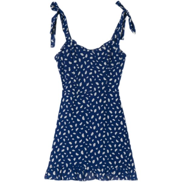 Blue Floral Spaghetti Strap Dress - Vintage Summer Slim Fit Wrap with Ruffle Skirt, Perfect for 90s and Y2K Style Lovers